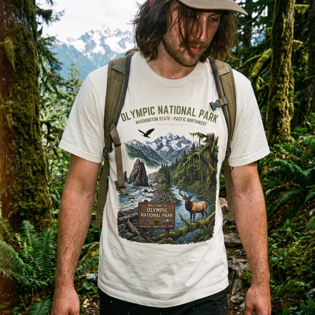 Olympic National Park Scenic T-Shirt — Vintage Mountain & Elk Graphic