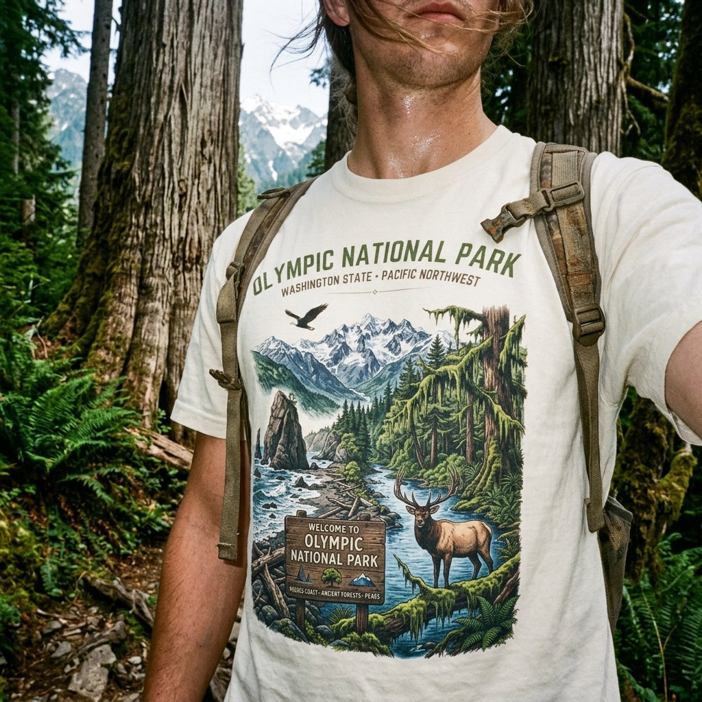 Olympic National Park Scenic T-Shirt — Vintage Mountain & Elk Graphic