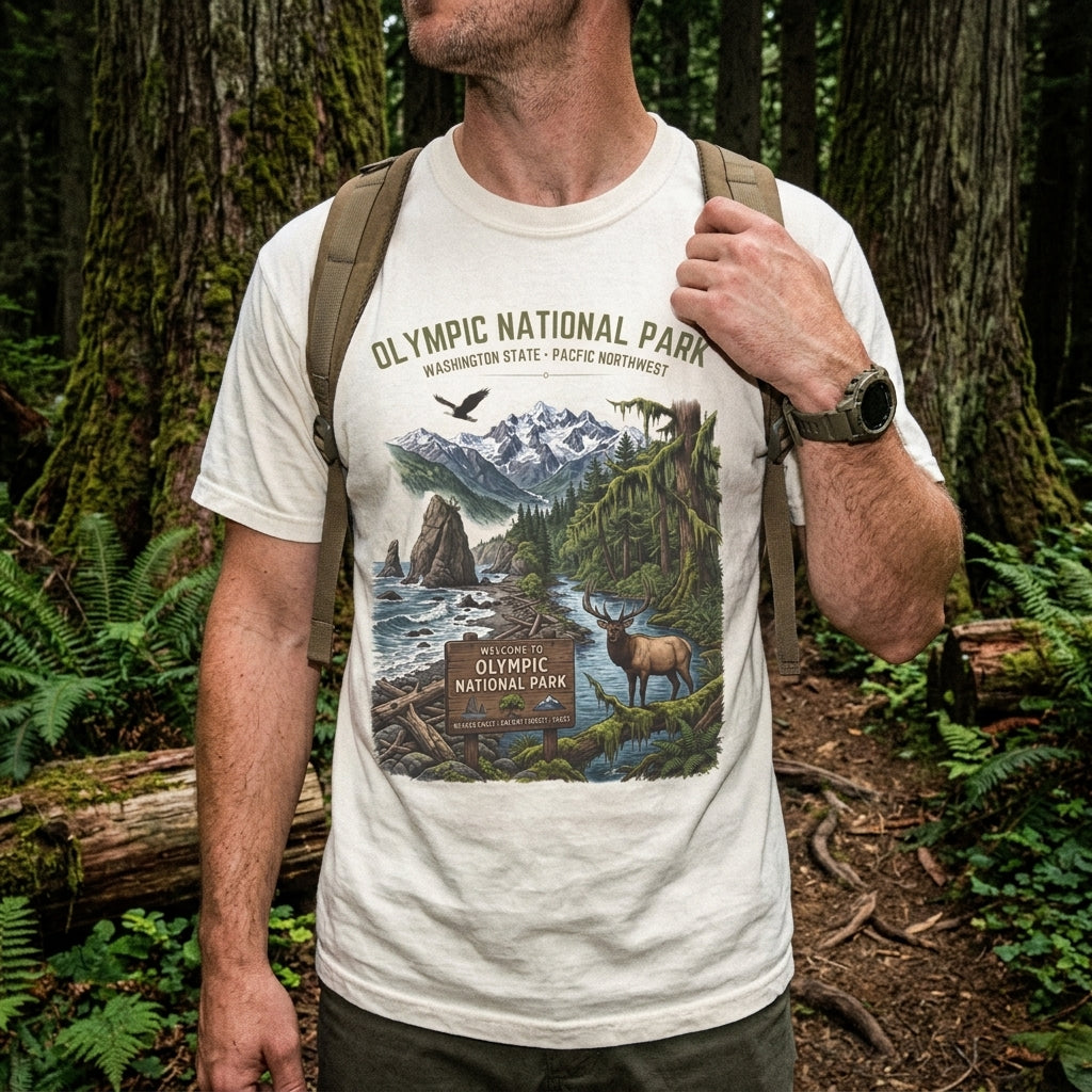 Olympic National Park Scenic T-Shirt — Vintage Mountain & Elk Graphic