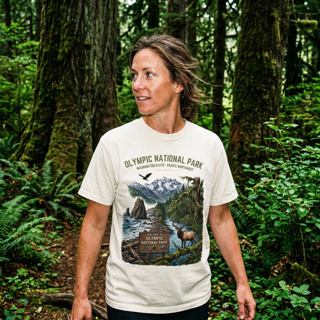 Olympic National Park Scenic T-Shirt — Vintage Mountain & Elk Graphic