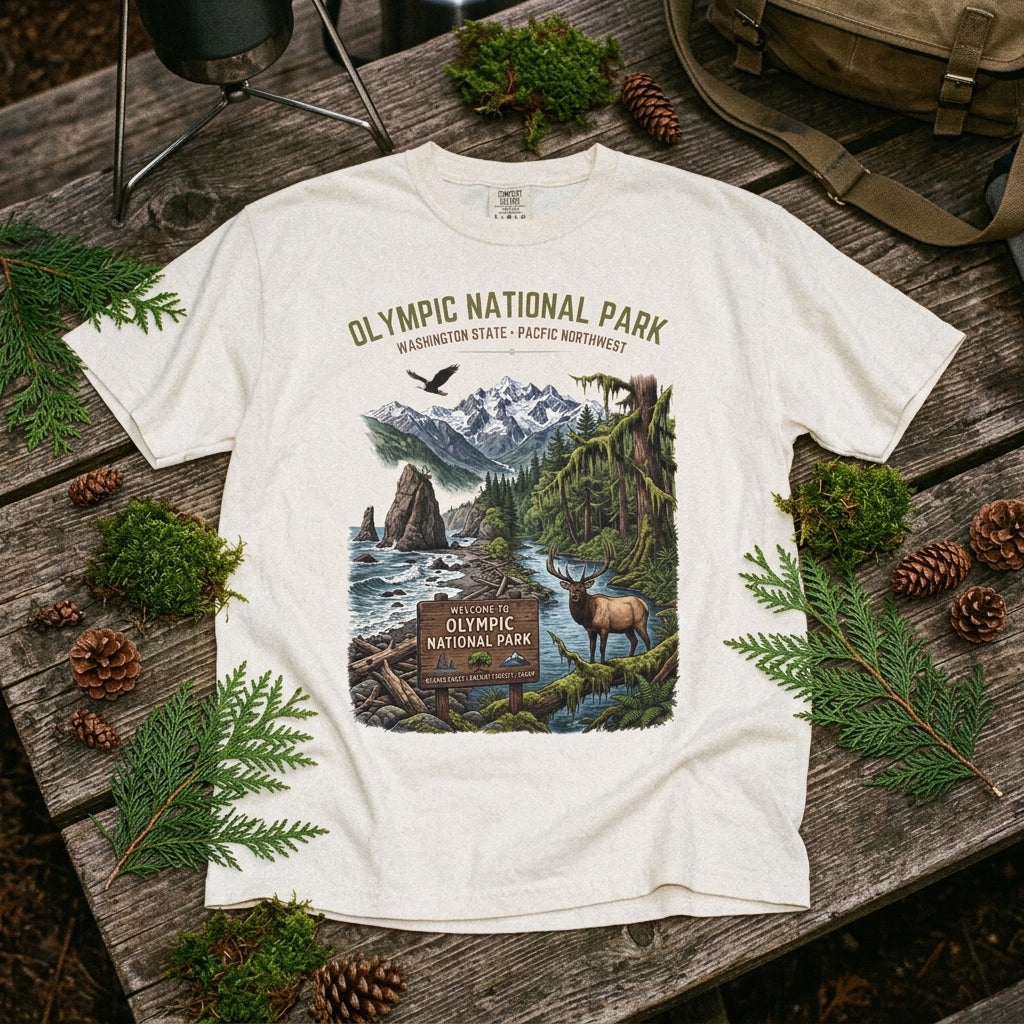 Olympic National Park Scenic T-Shirt — Vintage Mountain & Elk Graphic