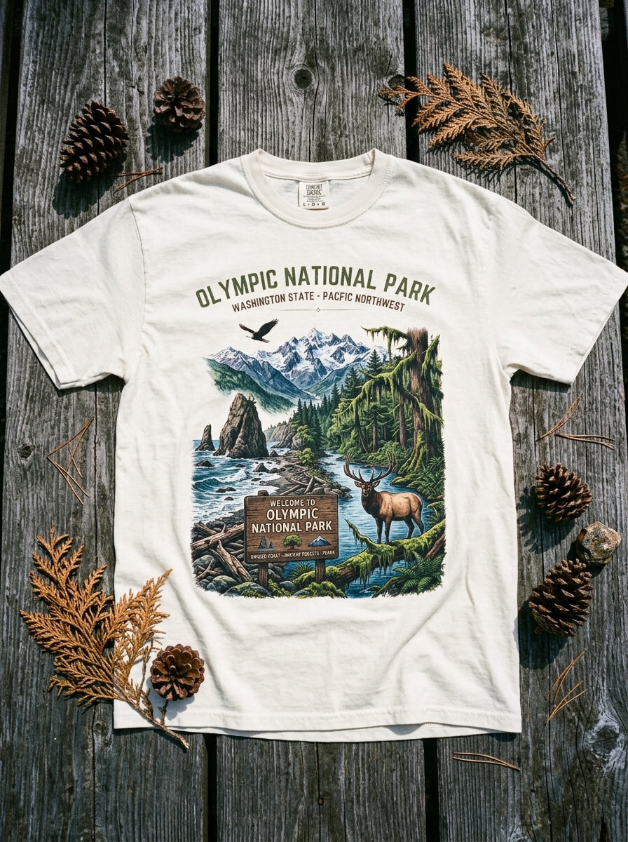 Olympic National Park Scenic T-Shirt — Vintage Mountain & Elk Graphic